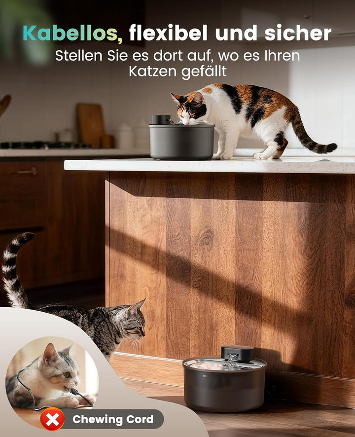Oneisall 3.2L Kabelloser Katzenbrunnen Edelstahl mit Bewegungsmelder Katze | 4000mAh Akku 45 Tage La
