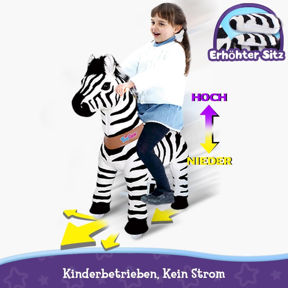 PonyCycle Zebra Reitpferd, für Kinder 3–4 Jahre, 76cm Hoch, Zebra Pferd auf Rollen mit Handbremse, P