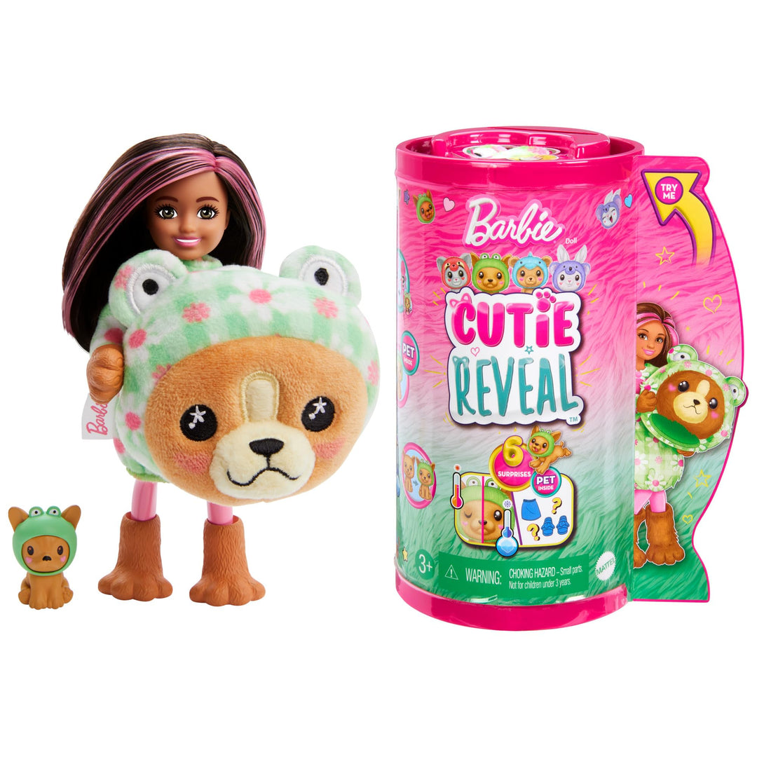 BARBIE Cutie Reveal Puppe - 6 Überraschungen in einer Verpackung, Plüschtierfreunde, Outfits und Far