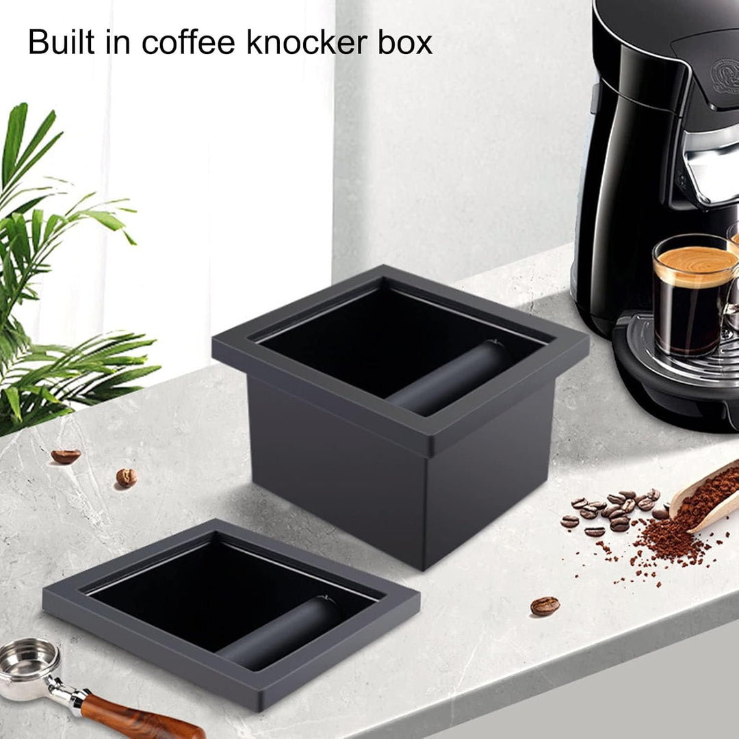 Kaffeesatz-Ausklopfbox, quadratisch, bodenlos, schwarze Gummi-PTFE-Stahlbox mit Kaffee-Tamping-Stati
