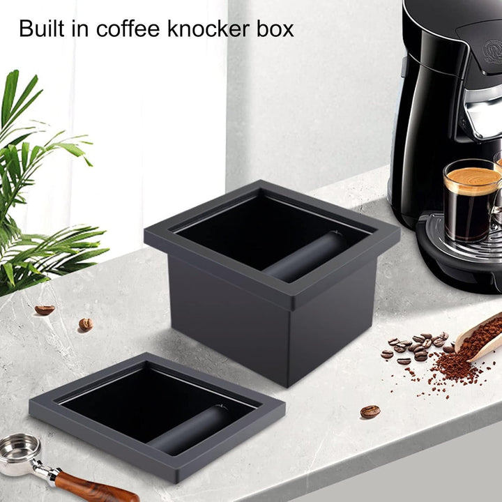 Kaffeesatz-Ausklopfbox, quadratisch, bodenlos, schwarze Gummi-PTFE-Stahlbox mit Kaffee-Tamping-Stati