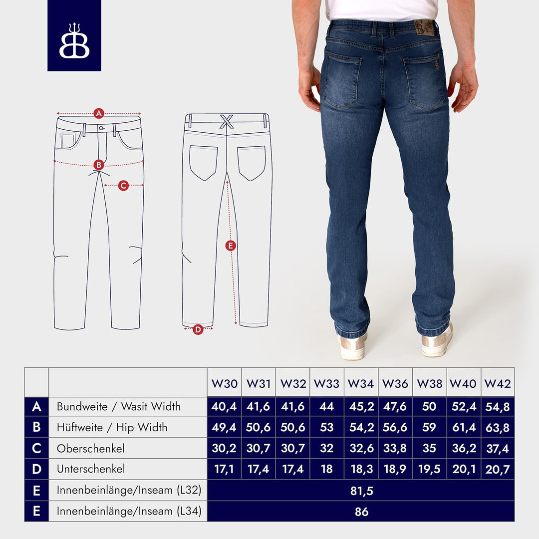 BARBONS Herren Jeans - Bügelleicht - Regular-Fit Stretch - Business Freizeit - Hochwertige Jeans-Hos