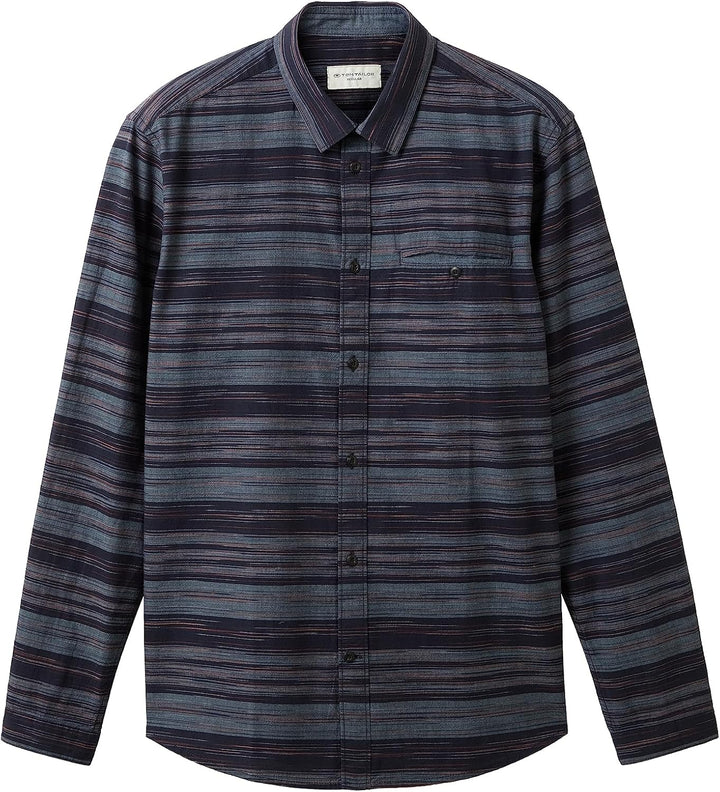 TOM TAILOR Herren Regular Fit Chambray Hemd aus Baumwolle, 32282 - Navy Irregular Cross Stripe