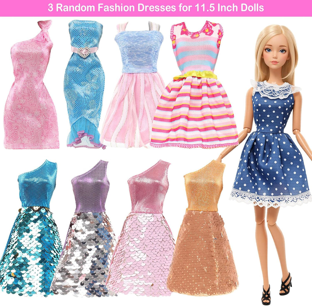 Miunana 47 Kleidung für 30 cm Puppen = 3 Casual Kleider + 2 Kleider + 2 Badekostüme + 3 Brautkleider