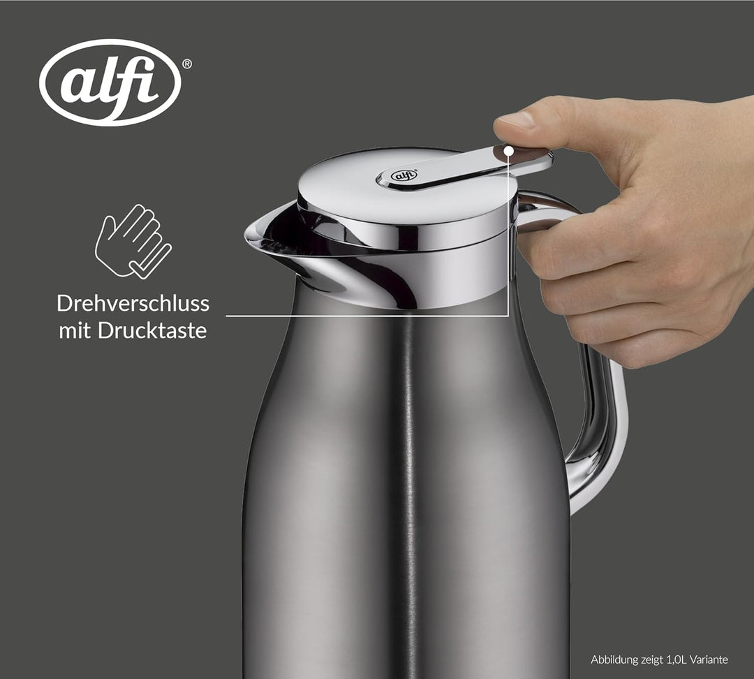 alfi SKYLINE 650ml, cool grey mat, Edelstahl-Isolierkanne mit hygienischem Hartglaseinsatz, Drehvers