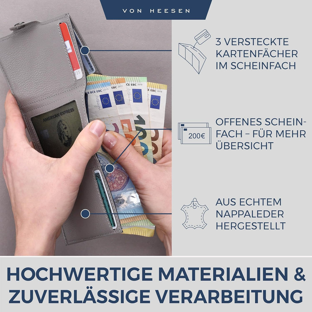 VON HEESEN Slim Wallet mit XL Münzfach Grau Grau XL MÜNZFACH (Kartenslot), Grau XL MÜNZFACH (Kartens