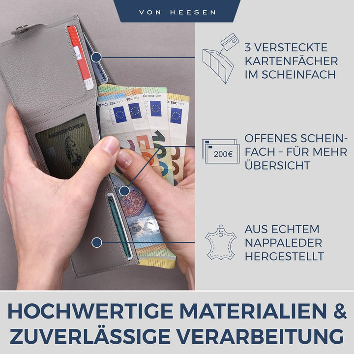 VON HEESEN Slim Wallet mit XL Münzfach Grau Grau XL MÜNZFACH (Kartenslot), Grau XL MÜNZFACH (Kartens