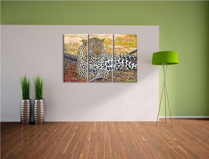 liegender Leopard im Laub NewArt 3-Teiler Leinwandbild 120x80 Bild auf Leinwand, XXL riesige Bilder