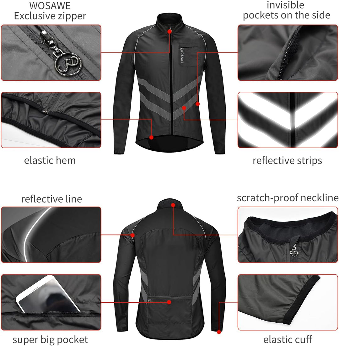 WOSAWE Fahrradjacke für Herren Leichte Winddicht Laufjacke Windbreaker Reflektierend Radjacke Mantel