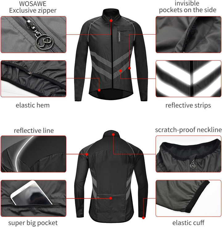 WOSAWE Fahrradjacke für Herren Leichte Winddicht Laufjacke Windbreaker Reflektierend Radjacke Mantel