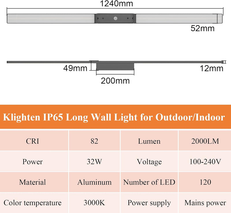 Klighten Lange Wandleuchte LED Aussen Innen 32W 2000LM, Aussenwandleuchten Wasserdicht IP65 Aussenla