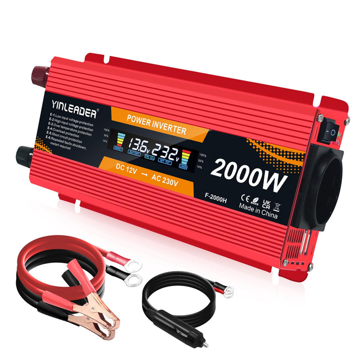 Yinleader Wechselrichter 12V 230V 1000W /2000W Spannungswandler LCD mit 1 Steckdose 2 USB Anschlüsse