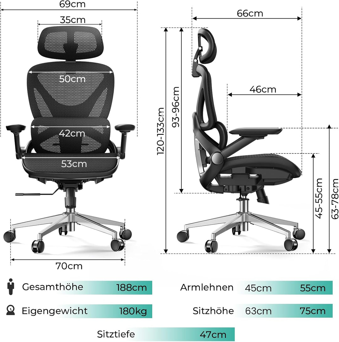 CAPOT Ergonomischer Bürostuhl aus Netzstoff, Verstellbarer Schreibtischstuhl mit hoher Rückenlehne,