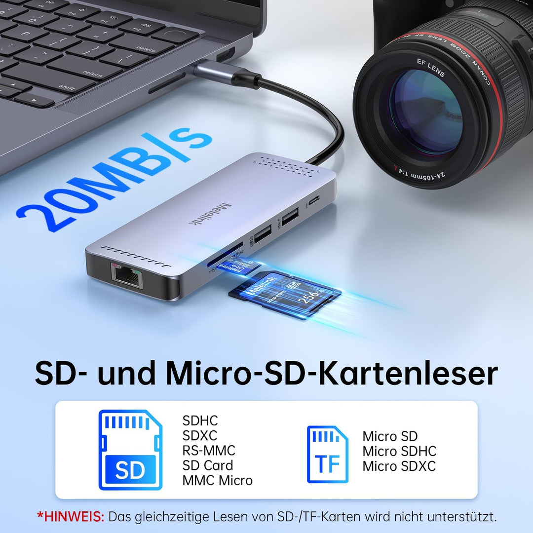 USB C Hub Ethernet, 10 in 1 Dock USB-C Adapter mit 4K 60Hz HDMI, LAN RJ45, PD 100W, 5X USB-A/C Ports