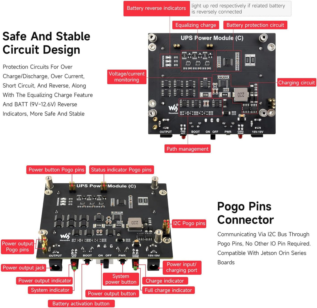 Waveshare Uninterruptible Power Supply UPS Module (C) for Jetson Orin, Supports 21700 Li Batt (NOT I