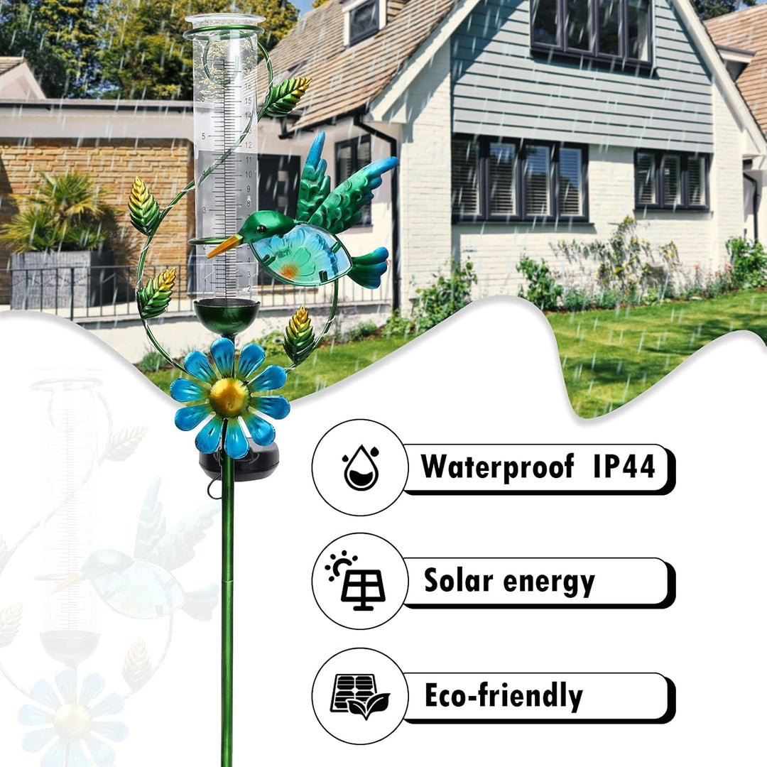 MUMTOP Regenmesser für den Aussenbereich – solarbetriebener Garten-Regenmesser, Metall-Kolibri-Blume
