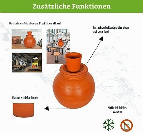 Village Decor Handgefertigter Wassertopf aus Erdton mit Zubehör (Fassungsvermögen = 4000 ml) Capacit