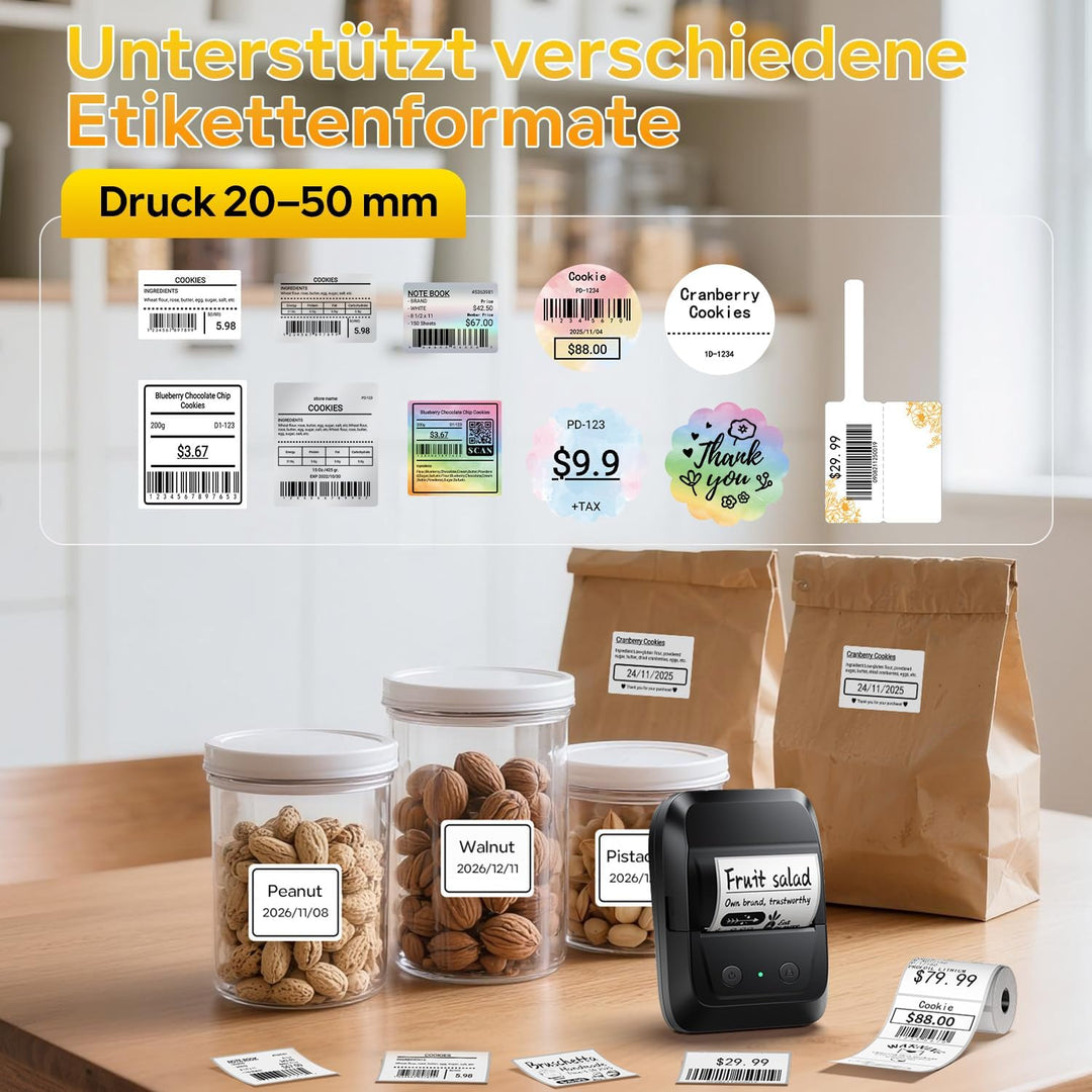 Memoking Bluetooth Etikettendrucker mit 3 Etiketten, Tragbarer Etikettendrucker Selbstklebend mit 30