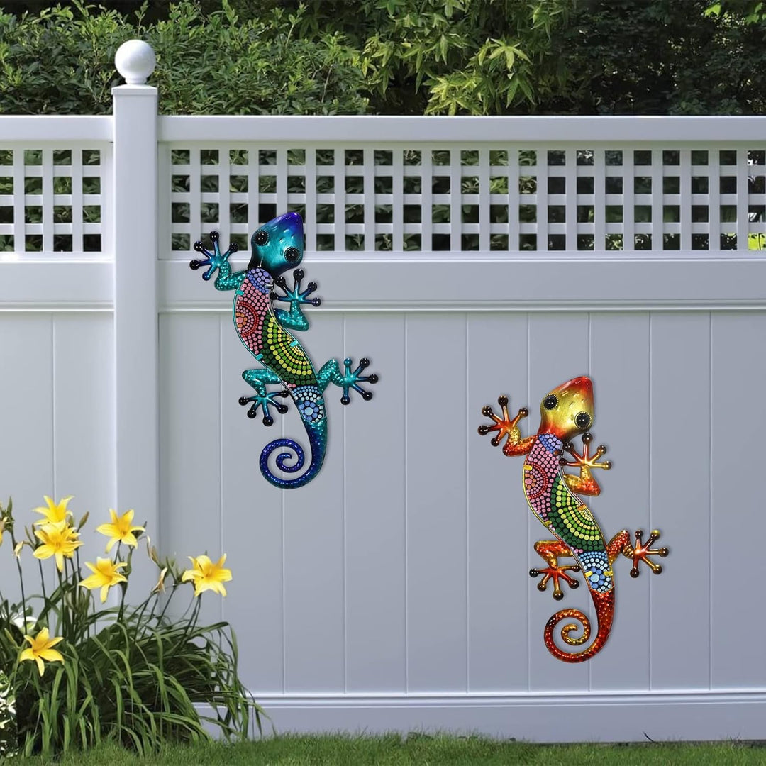 HONGLAND Metall-Gecko-Wandkunst, 2 Stück, 38,1 cm, Eidechse, Outdoor-Dekoration, hängende Glasskulpt
