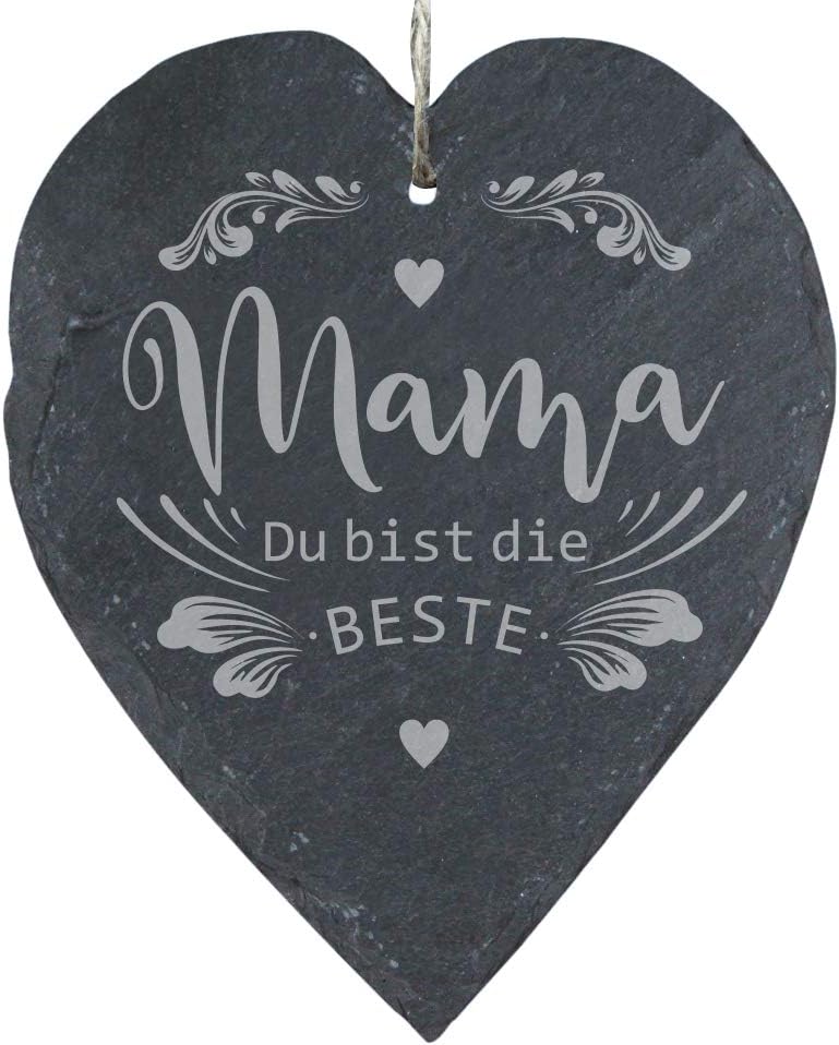 4you Design Schieferherz mit Gravur Mama Du bist die Beste, Mama, Deko Herz für Wand und Tür mit Kor