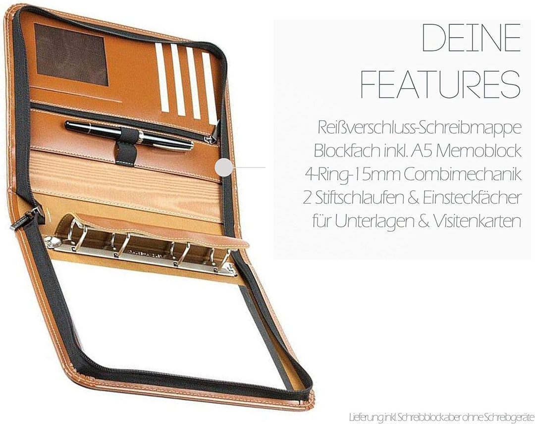DELMON VARONE - Personalisierbare Ringbuch Schreibmappe DIN A5 aus Cambridge Top Grain Leder braun,