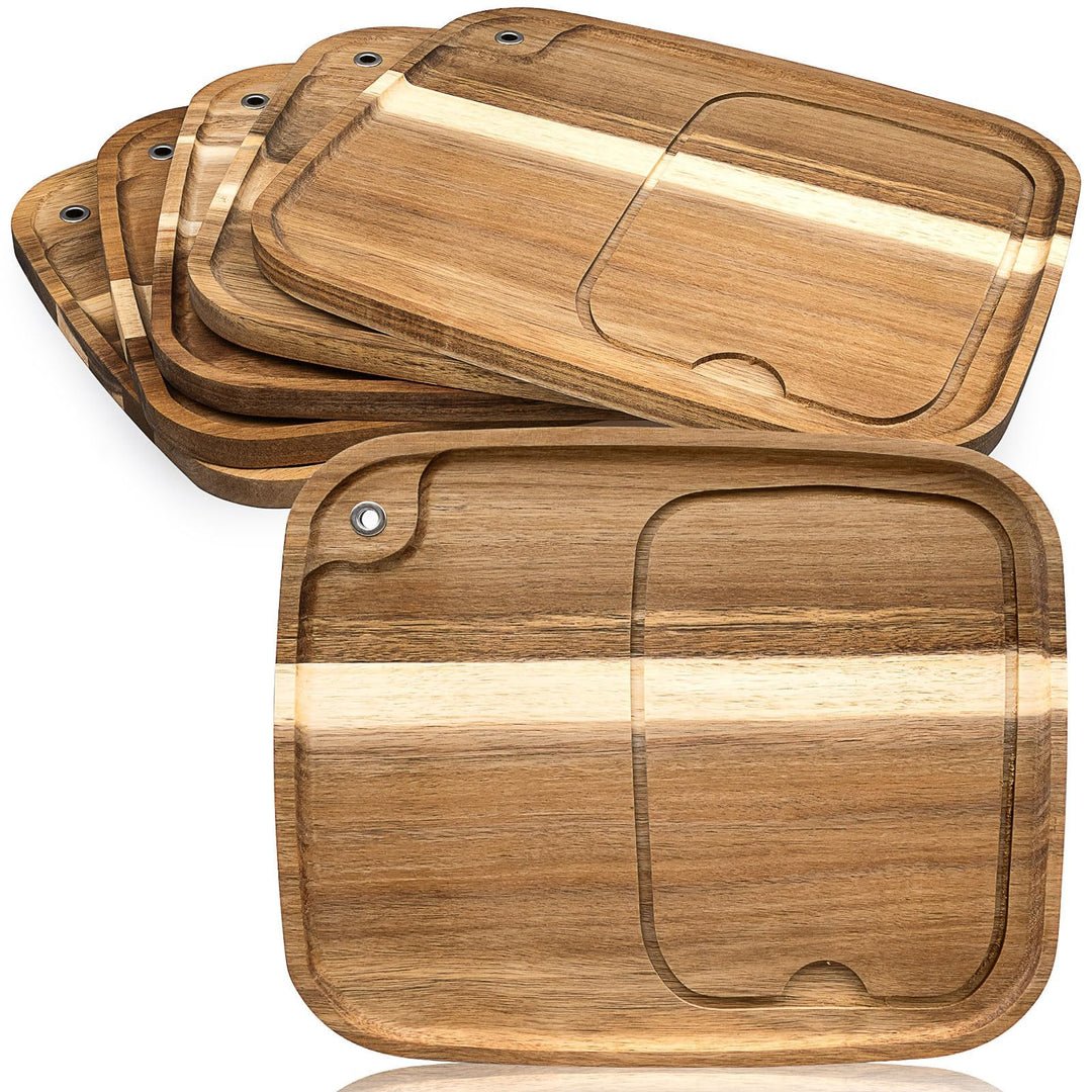 6er Set Steakbretter aus Akazienholz, Holz Steak Servierbrett mit Saftk, Küche Schneidebrett Steakte