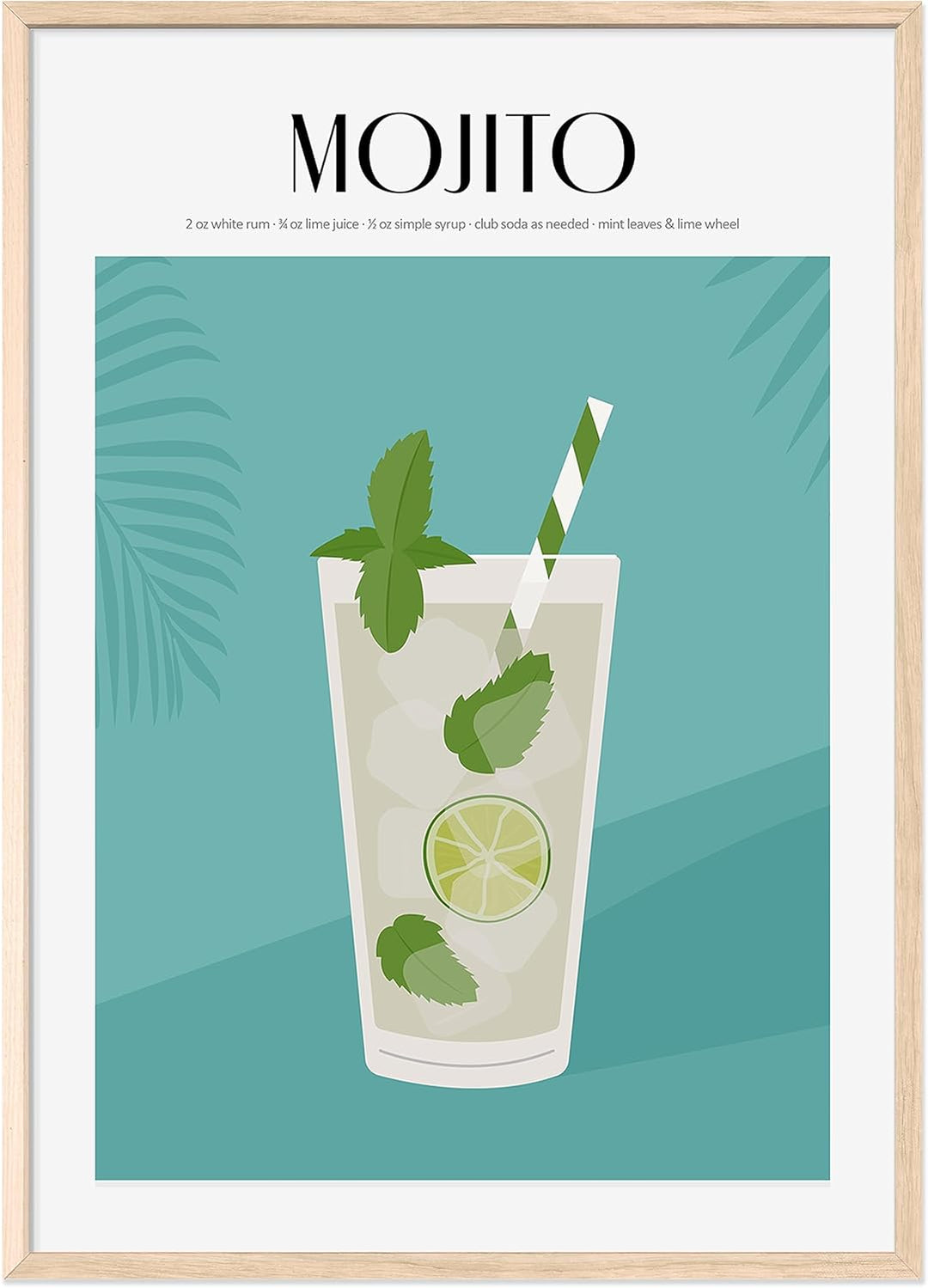 JUNOMI® Mojito Poster DIN A2, Cocktail, Longdrink, Bar, Getränke, Cocktail Set | mit Rahmen Natur DI