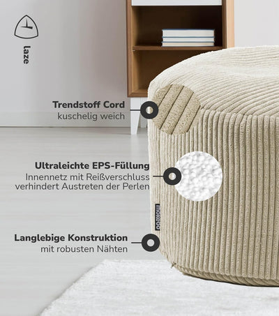 mokebo® Pouf, Hocker o. Sitzhocker aus Cord 30x50 cm 'Der Faule Lenz', Bodenkissen in Beige, Fusshoc
