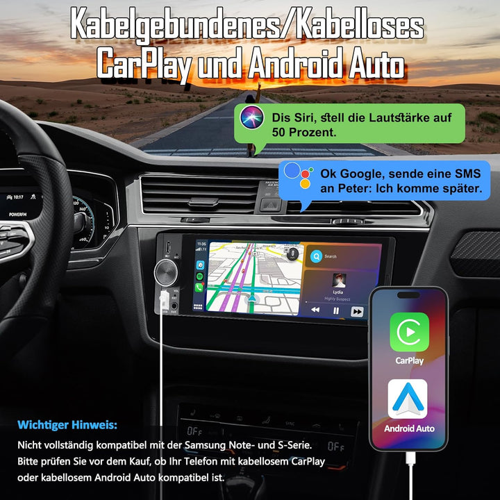 1 DIN Autoradio mit Wireless CarPlay & Android Auto, 6,36 Zoll Auto Radio mit Bildschirm, GPS Naviga