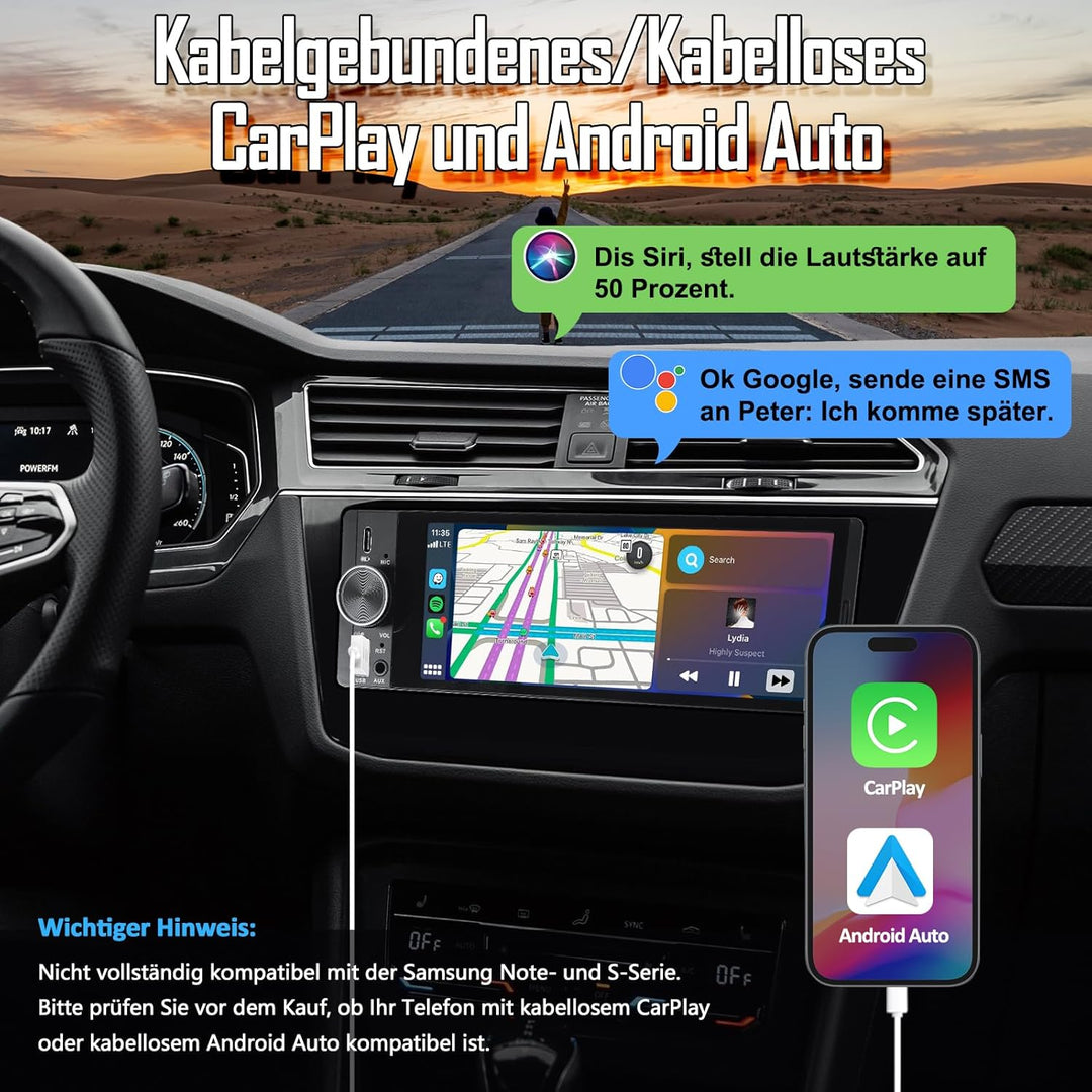 1 DIN Autoradio mit Wireless CarPlay &amp; Android Auto, 6,36 Zoll Auto Radio mit Bildschirm, Rückfahrka