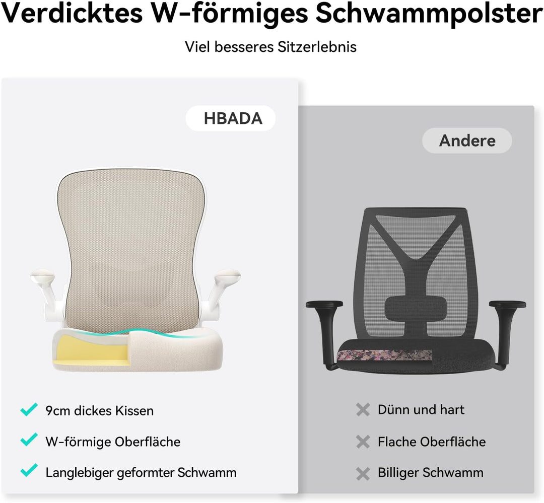 Hbada Ergonomischer Schreibtischstuhl, Computer-Bürostuhl mit hochklappbarer Armlehne und Lendenwirb