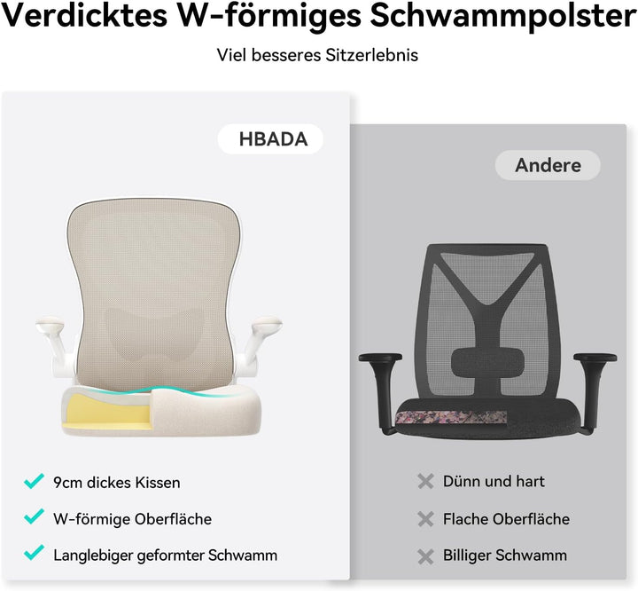 Hbada Ergonomischer Schreibtischstuhl, Computer-Bürostuhl mit hochklappbarer Armlehne und Lendenwirb