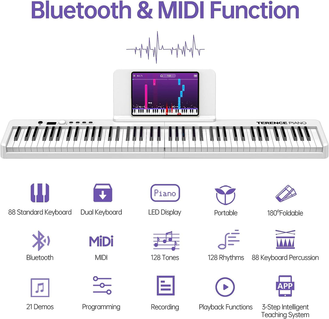 TERENCE Piano mit 88 Tasten Faltbares Klaviertastatur mit 1800mAh Batterie unterstützung MIDI USB-Sc