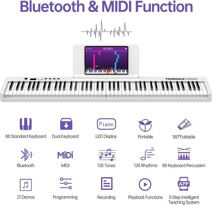 TERENCE Piano mit 88 Tasten Faltbares Klaviertastatur mit 1800mAh Batterie unterstützung MIDI USB-Sc