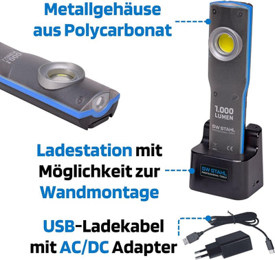 SW-Stahl S9790 Arbeitsleuchte Taschenlampe I Ladestation I LED I 1000 Lumen I Metallgehäuse, Blau/Sc