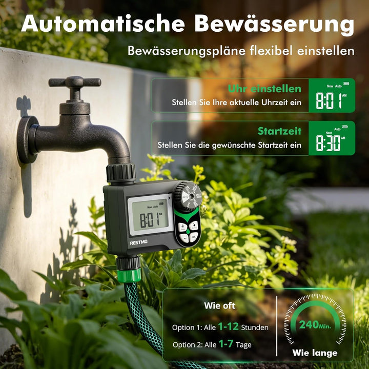 RESTMO Bewässerungscomputer mit druckverlustfreiem Kugelhahn (0-120 PSI), Intervall-Programm (2 Modi