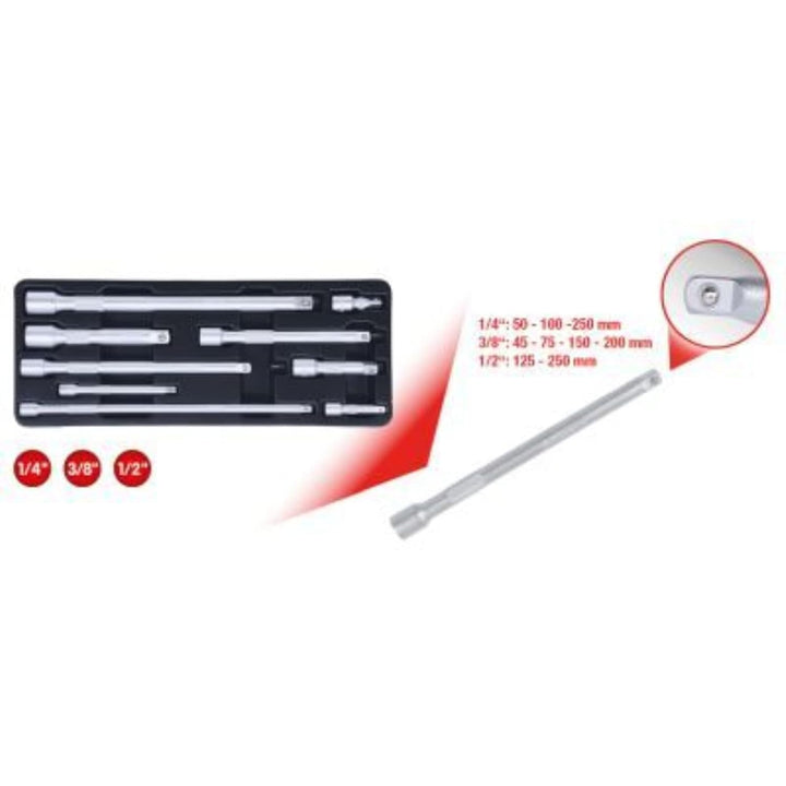 KS Tools 1/4"+3/8"+1/2" Verlängerungs-Satz, 9-TLG, Edelstahl Kunststoff Gummi Metall Legierung und K