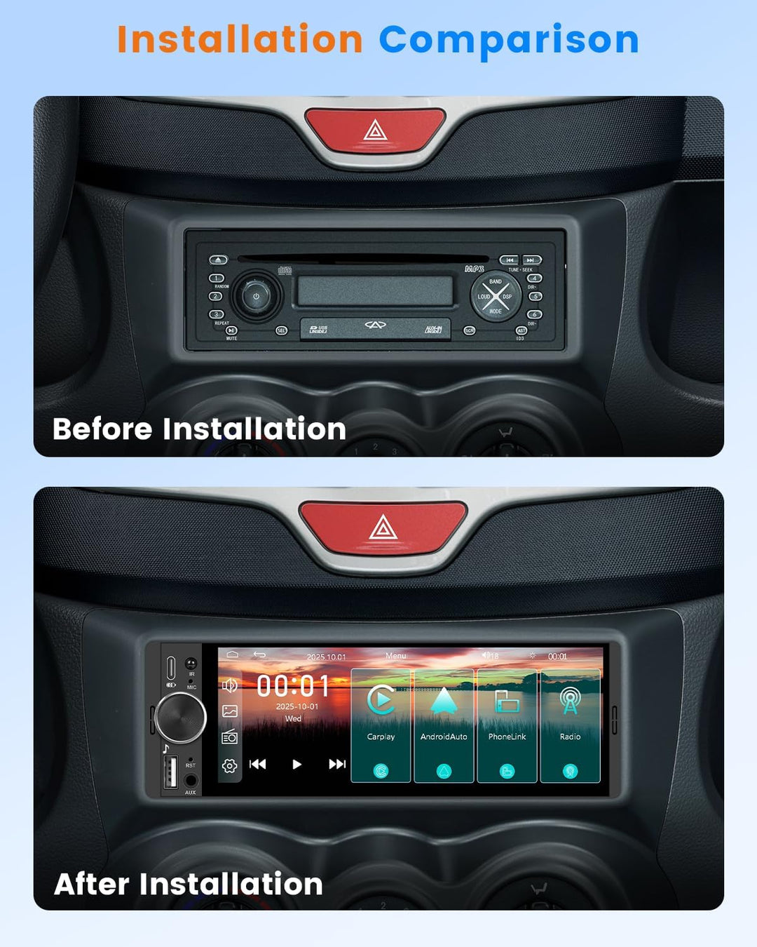 Hikity 1 DIN Autoradio mit Bluetooth CarPlay Android Auto, 6,28 Zoll Touchscreen-Player Stereo Auto