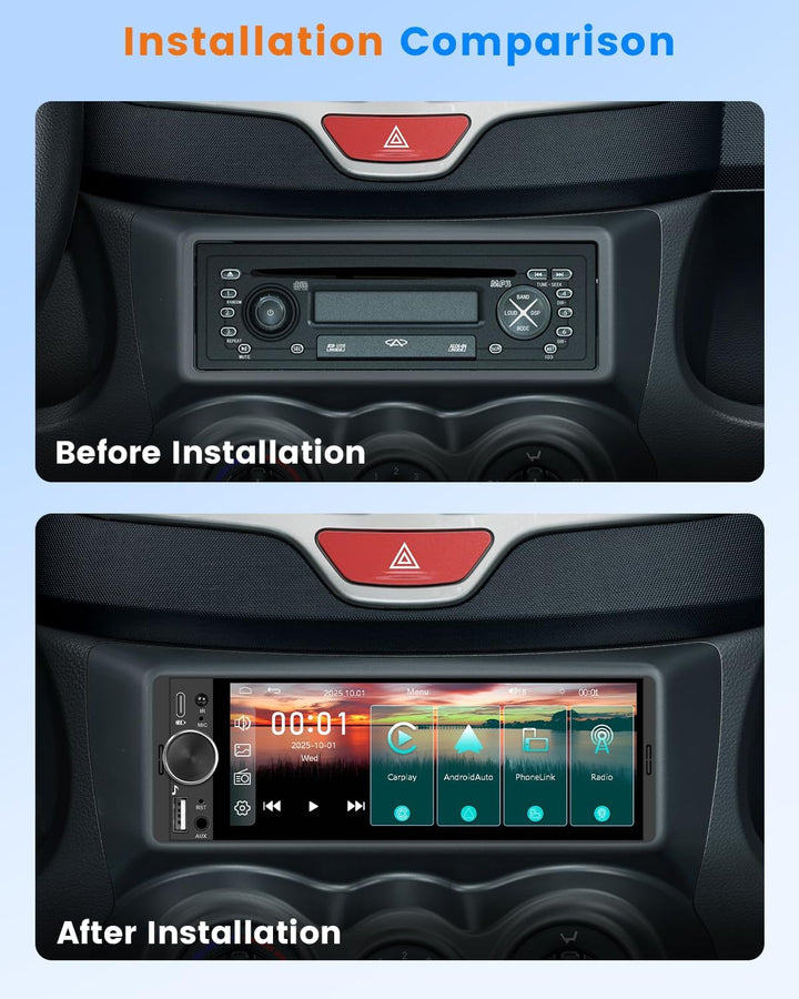 Hikity 1 DIN Autoradio mit Bluetooth CarPlay Android Auto, 6,28 Zoll Touchscreen-Player Stereo Auto