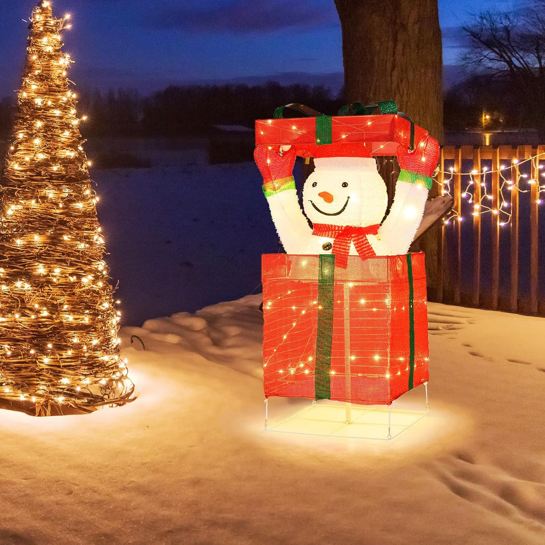 COSTWAY LED Schneemann in Geschenkbox, 115 cm beleuchtete Weihnachtsdeko mit 100 warmweissen LED-Lic