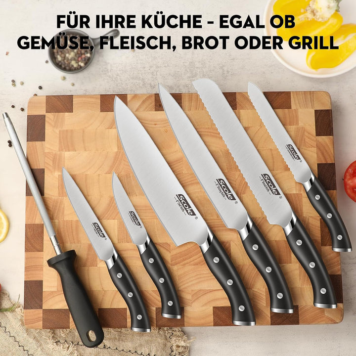 SCOLE® Messerset, Rasierscharf Küchenmesser Set 7-teilig mit Wetzstab, Messer Set, Profi Kochmesser