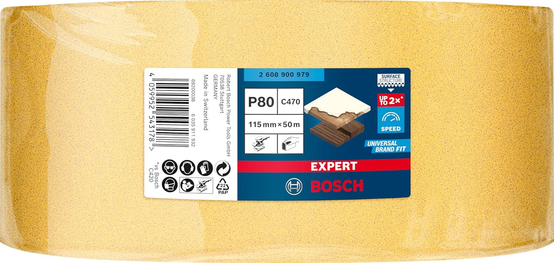 Bosch 1x EXPERT C470 Schleifpapierrolle (für Farbe auf Holz, Hartholz, 115 mm x 50 m, Körnung 80, Pr