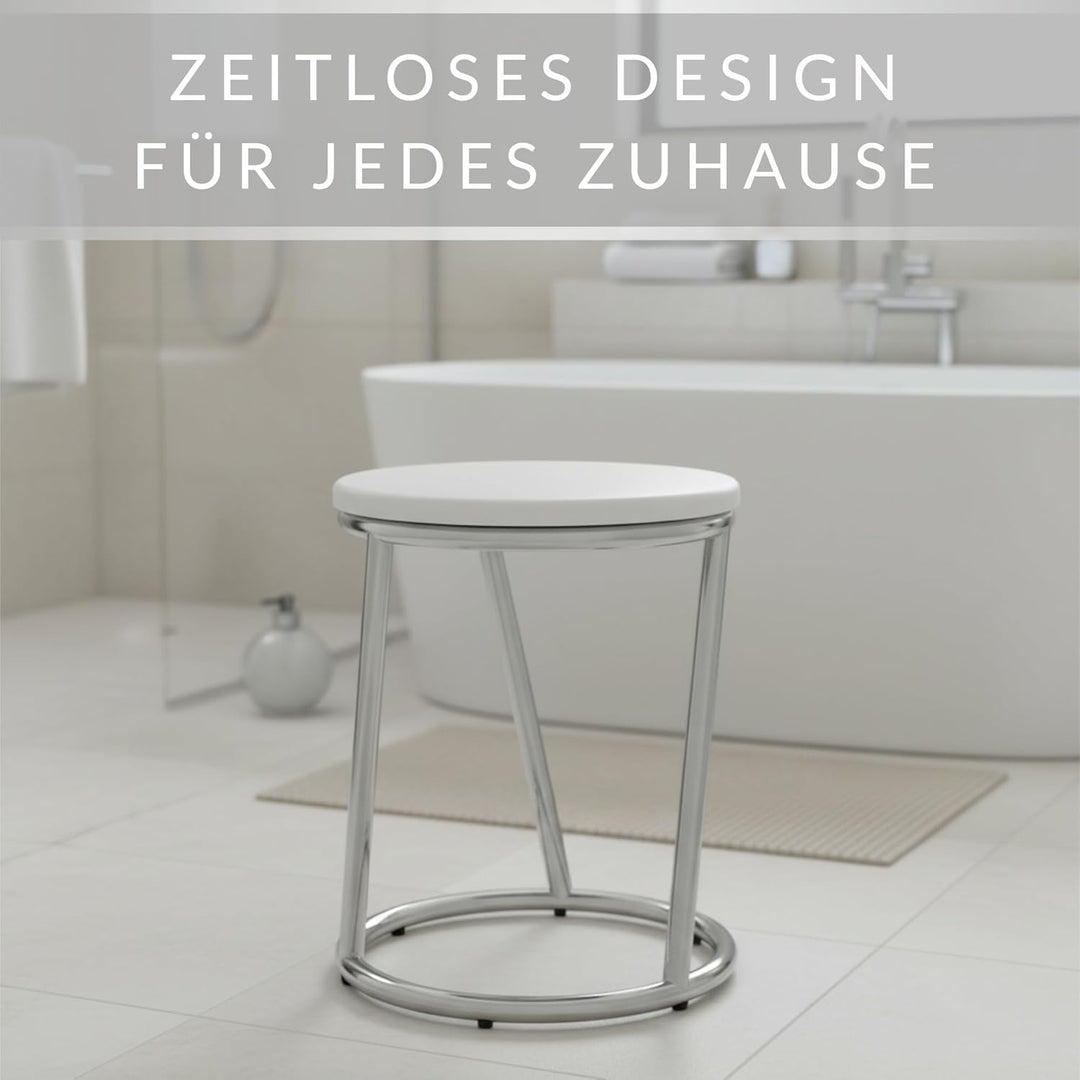 Libaro Badhocker Salina aussergewöhnliches Design Metall Chrom glänzend Sitzfläche weiss rund Badezi