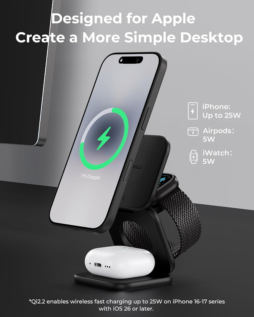 KU XIU X40 Turbo Qi2.2 25W 3-in-1 Ladestation für iPhone 17/16/15/14/13/12, 5W für Apple Watch und A