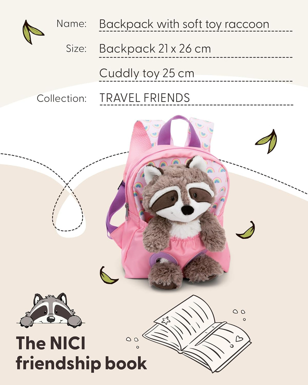 NICI Kinderrucksack rosa 2 in 1 mit Kuscheltier Waschbär 25cm - Kindergartenrucksack Mädchen & Junge