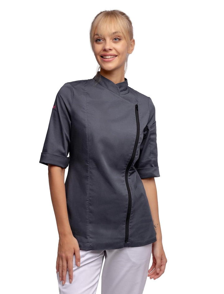 strongAnt Kochjacke Damen kurzarm Stretch mit Druckknöpfen oder Reissverschluss Kochuniform XS Grau