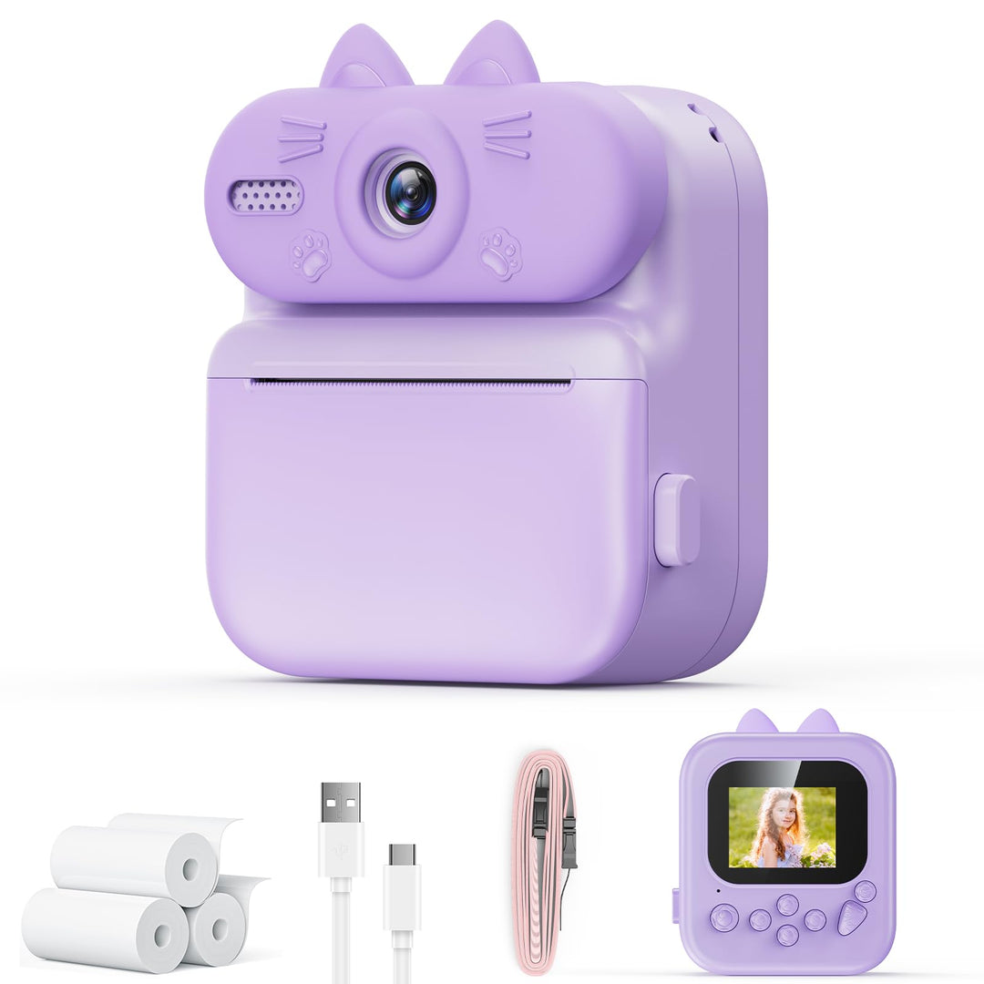 Kinder Sofortbildkamera mit Sofortdruck, 48MP Kamera (Katze-Lila) | Kinderkamera mit Druckpapier, 10