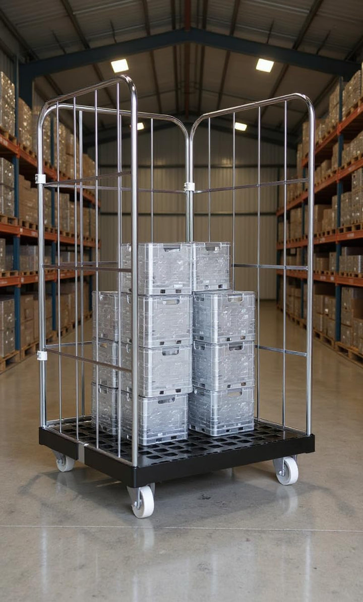 Rollbehälter 1650 mm 3-seitig blau verzinkt Rollgitter Rollwagen – Lagertransportlösung für maximale