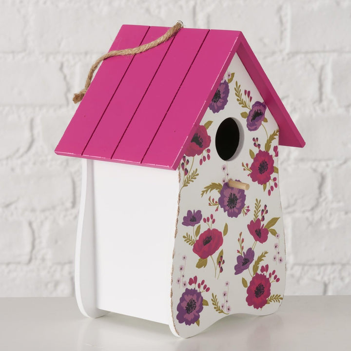Vogelhaus Anouk aus Holz, Pink und Lila, Florales Design, zum Aufhängen, 15 x 12 x 22 cm, FSC 100%