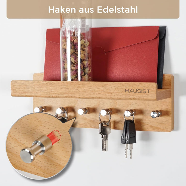 HAUSIST Schlüsselbrett Holz mit Ablage, schlüsselkasten Holz,Schlüsselhalter mit Edelstahlhaken,Schl